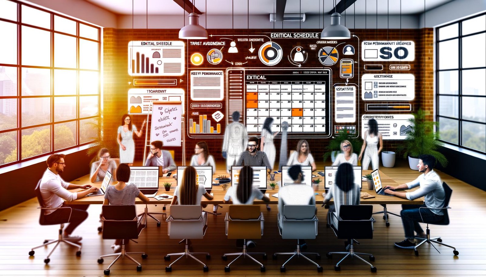 Dynamische Szene eines modernen Content-Teams, das im offenen Büro vor Monitoren mit Redaktionsplan, SEO-Tools und Kanban-Boards brainstormt und eng zusammenarbeitet.