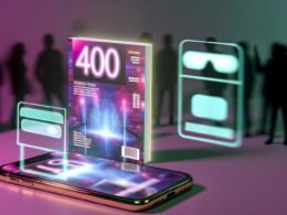 Digitales 404-Magazin schwebt als Hologramm über Smartphone, zeigt schimmernde 3D-Grafiken, interaktive AR-Elemente und Personen mit Smartphones und Smart Glasses im Hintergrund.