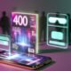 Digitales 404-Magazin schwebt als Hologramm über Smartphone, zeigt schimmernde 3D-Grafiken, interaktive AR-Elemente und Personen mit Smartphones und Smart Glasses im Hintergrund.