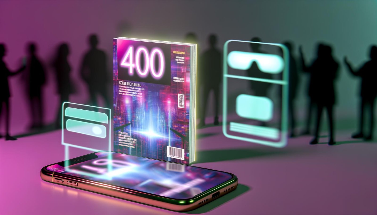 Digitales 404-Magazin schwebt als Hologramm über Smartphone, zeigt schimmernde 3D-Grafiken, interaktive AR-Elemente und Personen mit Smartphones und Smart Glasses im Hintergrund.