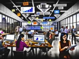 Marketingteam diskutiert vor großem Dashboard mit Charts, Heatmaps und User-Feedbacks in modernem Büro für Content Strategie Reporting.