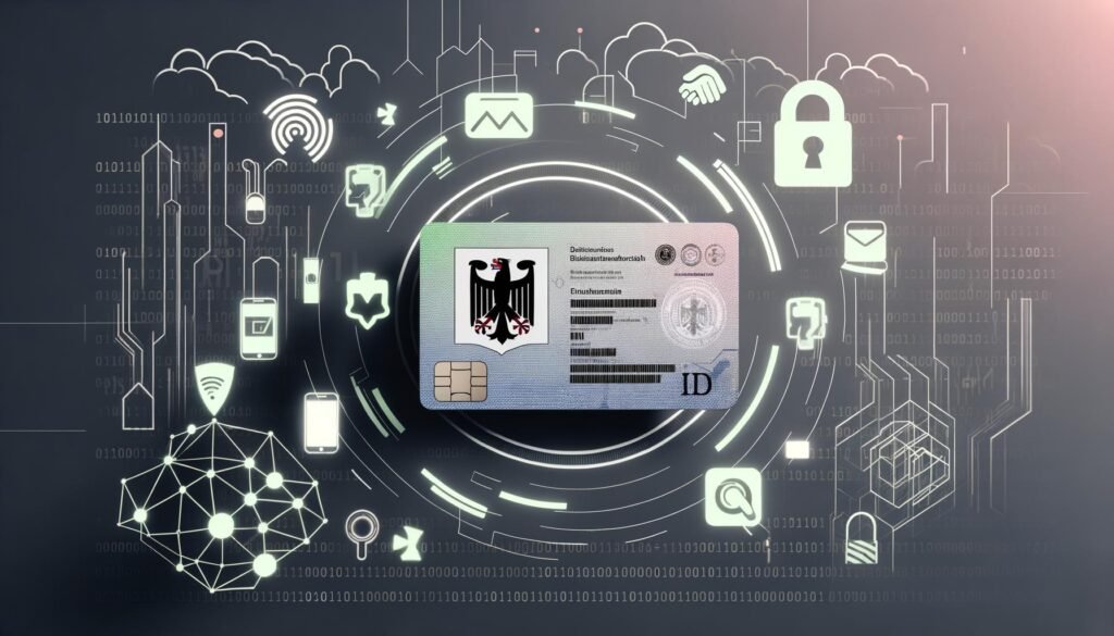 Modernes Titelcover des 404 Magazine mit Illustration eines deutschen Personalausweises, digitalem Hologramm, NFC-Chip, abstrakten UI-Elementen und Stadt-Silhouetten im Hintergrund.