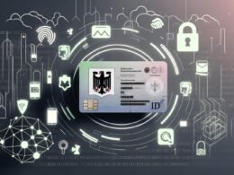 Modernes Titelcover des 404 Magazine mit Illustration eines deutschen Personalausweises, digitalem Hologramm, NFC-Chip, abstrakten UI-Elementen und Stadt-Silhouetten im Hintergrund.