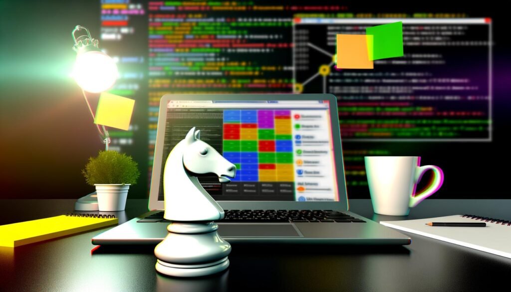 Weiße Springer-Schachfigur sitzt auf schwarzem Laptop mit bunten Content-Analysen, unscharfer Monitor im Hintergrund zeigt SEO-Diagramme, Web-Code und Social Media Icons, Post-its und Kaffeebecher runden das energiegeladene Setting ab.