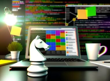 Weiße Springer-Schachfigur sitzt auf schwarzem Laptop mit bunten Content-Analysen, unscharfer Monitor im Hintergrund zeigt SEO-Diagramme, Web-Code und Social Media Icons, Post-its und Kaffeebecher runden das energiegeladene Setting ab.