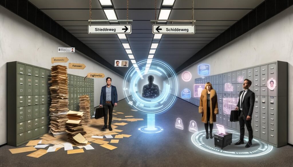 Deutscher Büroflur mit Papierstapeln, Aktenschränken und moderner Technologie. Drei Personen betrachten eine leuchtende digitale eID-Karte unter dem Schild 'Scheideweg'.