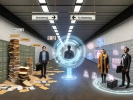 Deutscher Büroflur mit Papierstapeln, Aktenschränken und moderner Technologie. Drei Personen betrachten eine leuchtende digitale eID-Karte unter dem Schild 'Scheideweg'.