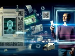 Moderne Person mit Smartphone und digitalem Personalausweis vor dunklem Hintergrund, umgeben von Datenströmen, Netzwerklinien, futuristischen Symbolen sowie verblassenden Papierdokumenten und Faxgeräten.