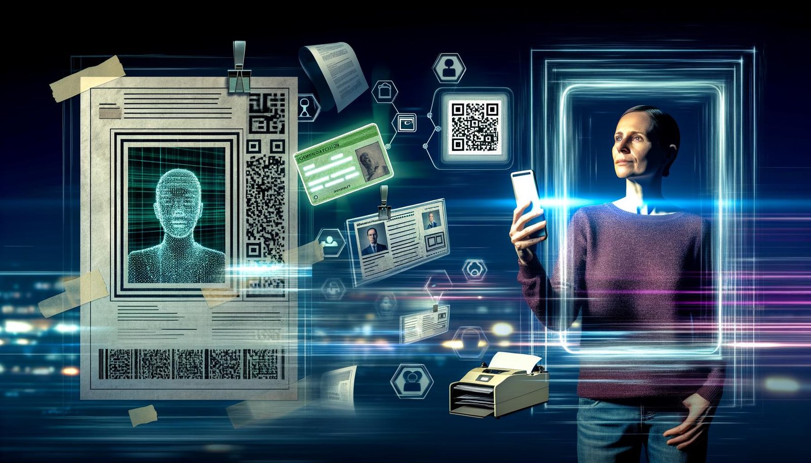 Moderne Person mit Smartphone und digitalem Personalausweis vor dunklem Hintergrund, umgeben von Datenströmen, Netzwerklinien, futuristischen Symbolen sowie verblassenden Papierdokumenten und Faxgeräten.