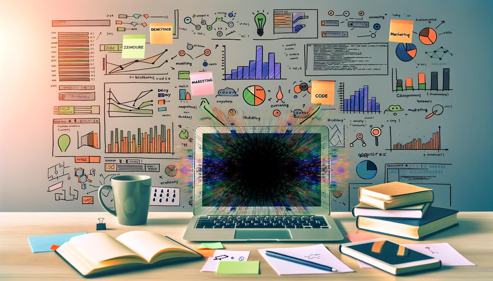 Heller Arbeitsplatz mit Laptop und offenem RStudio, bunten Diagrammen, Notizbüchern, Data Science Post-its, Kaffeebecher und Marketing-Literatur, ergänzt durch Symbole für Analyse und R.