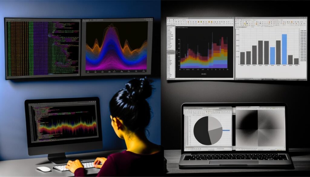 Modern eingerichteter Arbeitsplatz mit mehreren Bildschirmen voller farbiger R-Datenvisualisierungen und Code-Editor im Vordergrund, daneben nostalgischer Laptop mit einfachen grauen Excel-Charts.