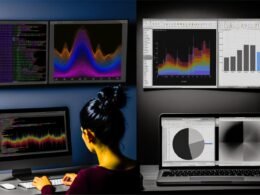 Modern eingerichteter Arbeitsplatz mit mehreren Bildschirmen voller farbiger R-Datenvisualisierungen und Code-Editor im Vordergrund, daneben nostalgischer Laptop mit einfachen grauen Excel-Charts.