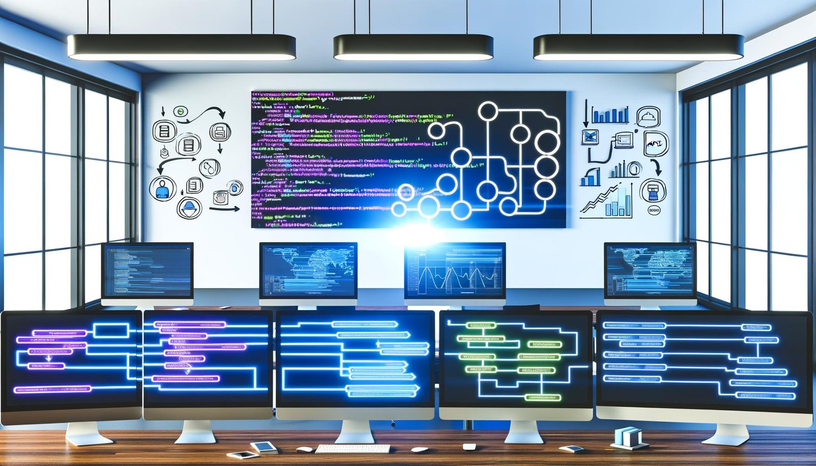 Marketingabteilung mit mehreren Bildschirmen voller R-Code, Diagramme und Dashboards sowie einem Whiteboard mit strukturiertem Daten-Workflow.