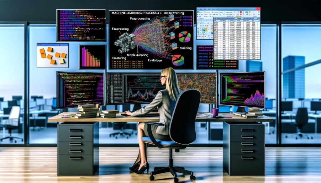 Datenwissenschaftler bei der Arbeit mit mehreren Monitoren voller Code, Diagrammen und Scikit-learn-Dashboards in moderner Büroumgebung.
