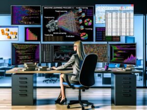 Datenwissenschaftler bei der Arbeit mit mehreren Monitoren voller Code, Diagrammen und Scikit-learn-Dashboards in moderner Büroumgebung.
