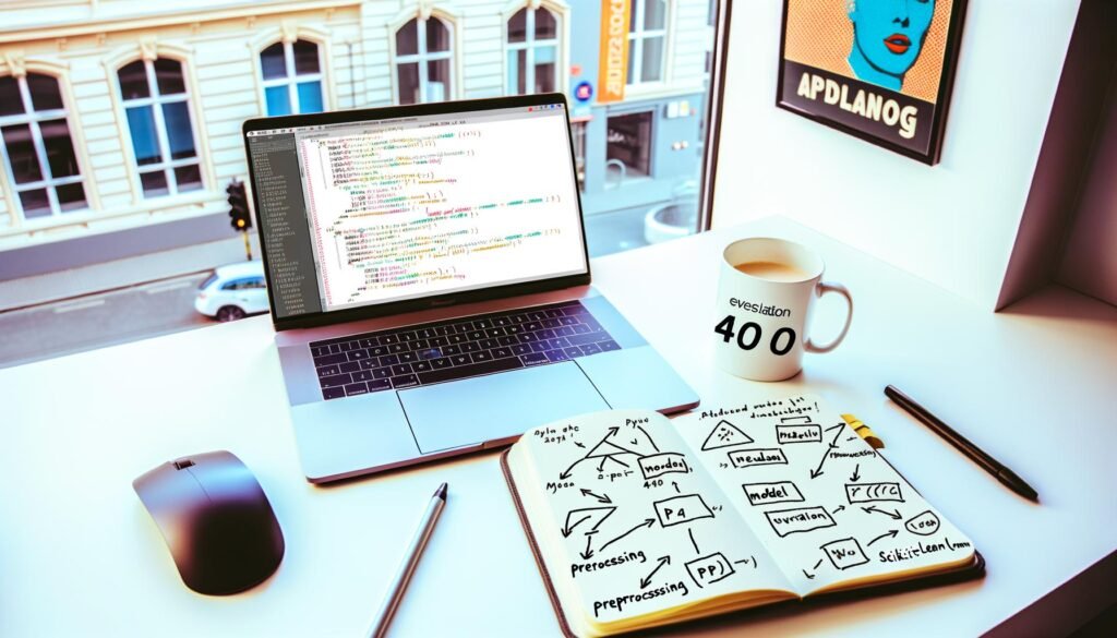 Aufgeräumter moderner Schreibtisch mit aufgeklapptem Laptop, sichtbarem Python-Scikit-learn-Code, Notizbuch mit Machine-Learning-Skizzen, Popkultur-Poster und Kaffeetasse mit 404-Print.