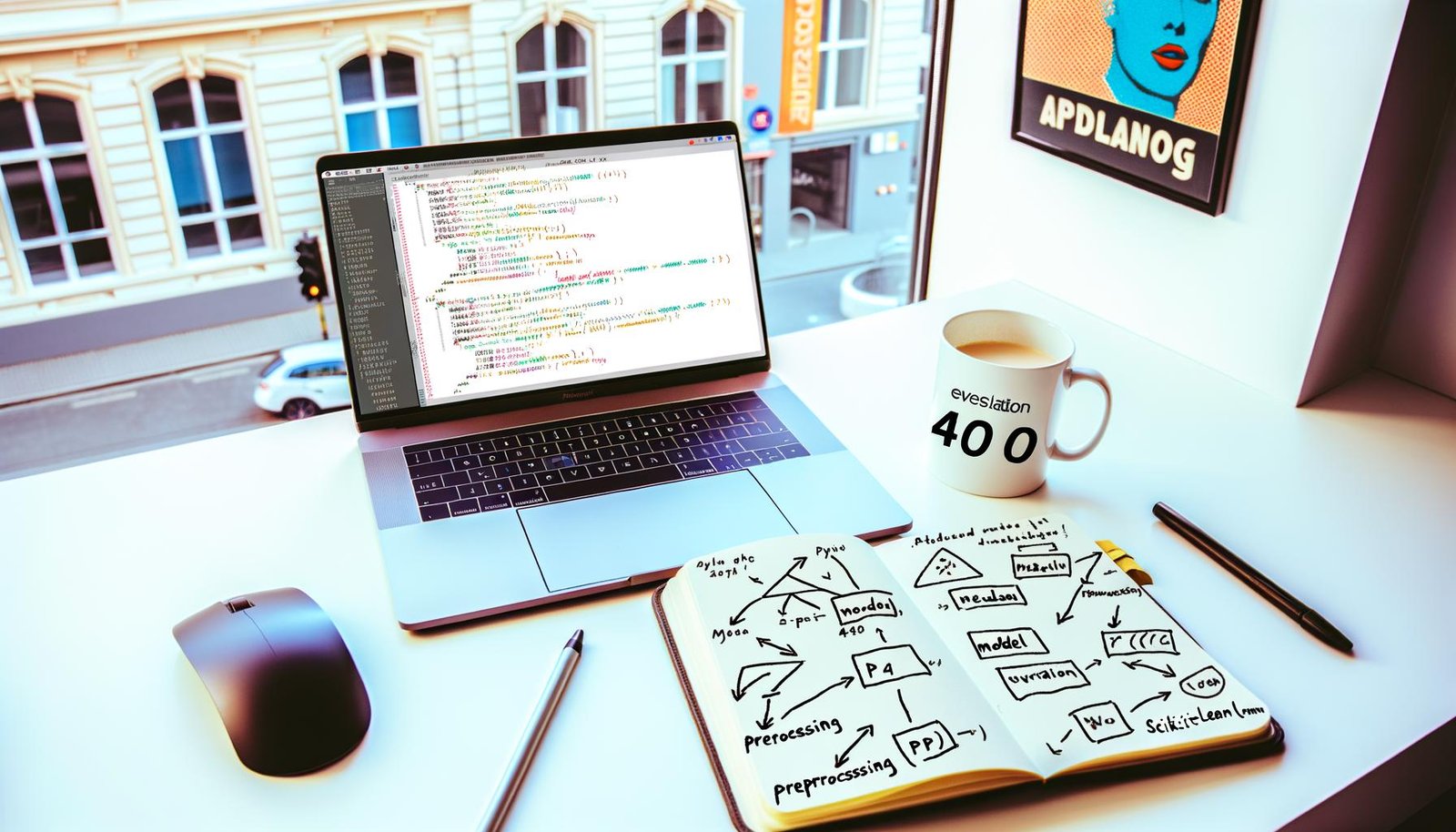 Aufgeräumter moderner Schreibtisch mit aufgeklapptem Laptop, sichtbarem Python-Scikit-learn-Code, Notizbuch mit Machine-Learning-Skizzen, Popkultur-Poster und Kaffeetasse mit 404-Print.