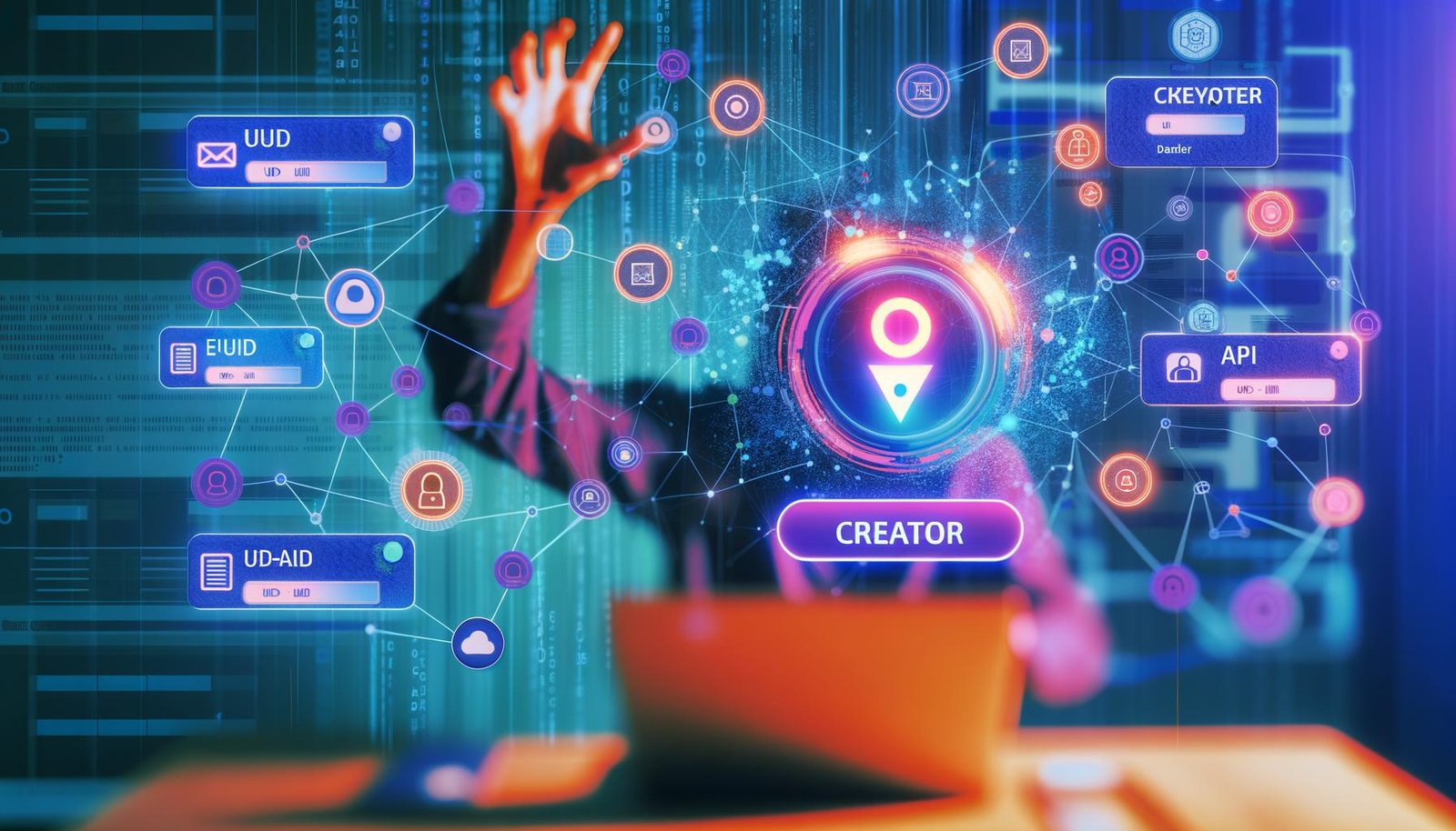 Moderner Workspace mit neutralem Creator, der auf einen hervorgehobenen Knotenpunkt mit UUID-Icon in einem abstrakten, digitalen Netzwerk tippt. Umgeben von bunten Screens, die mit E-Mail-, API-, Analytics- und Community-Icons verknüpft sind. Farbpalette in Deep-Blue, Türkis und leuchtendem Orange.