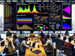 Datenwissenschaftler und Ingenieure analysieren gemeinsam interaktive Machine Learning Dashboards mit bunten Visualisierungen wie Feature-Importanz, Confusion Matrix, ROC-Kurven und SHAP-Plots in einer hochmodernen, kollaborativen Arbeitsumgebung.