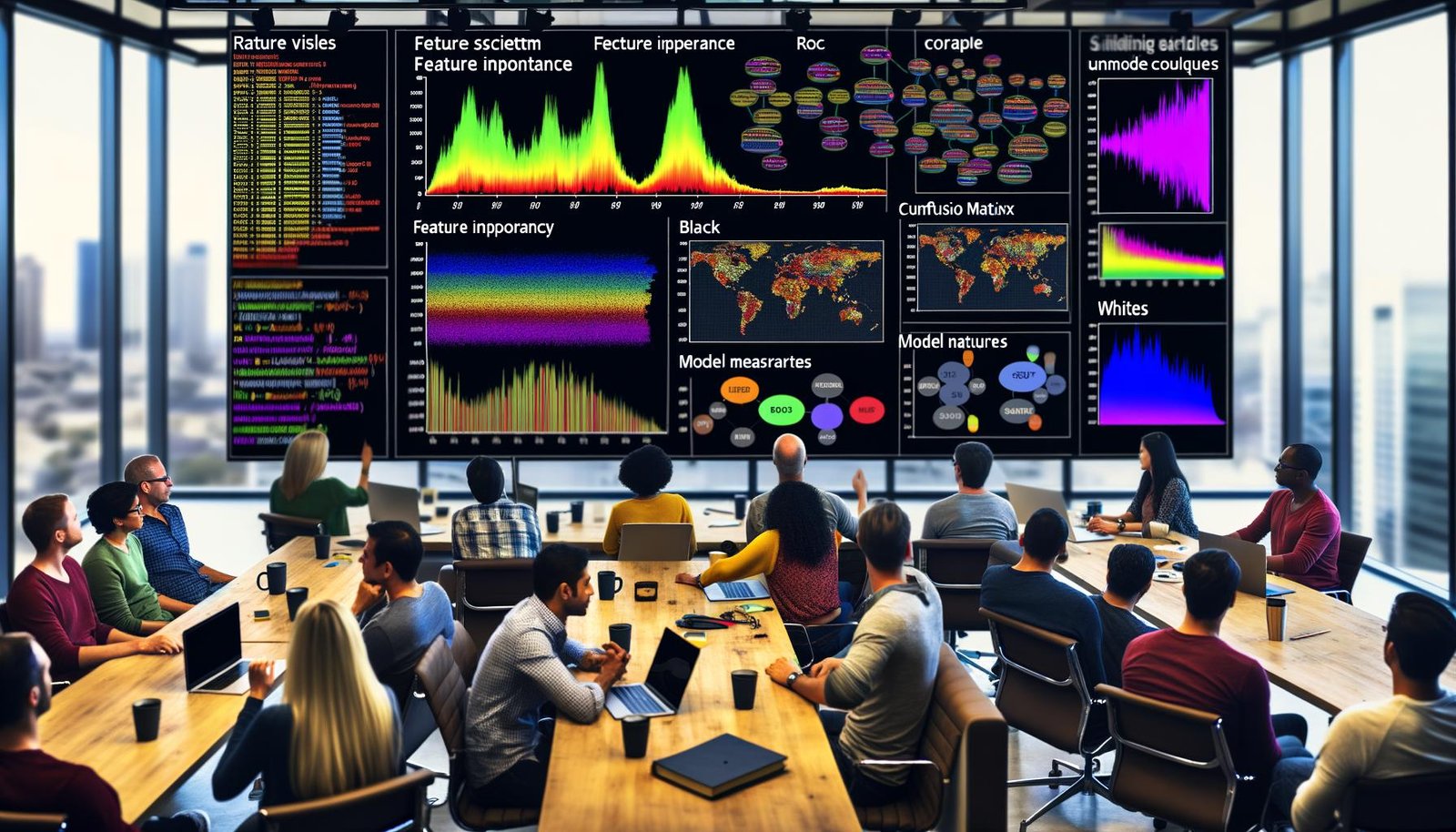 Datenwissenschaftler und Ingenieure analysieren gemeinsam interaktive Machine Learning Dashboards mit bunten Visualisierungen wie Feature-Importanz, Confusion Matrix, ROC-Kurven und SHAP-Plots in einer hochmodernen, kollaborativen Arbeitsumgebung.