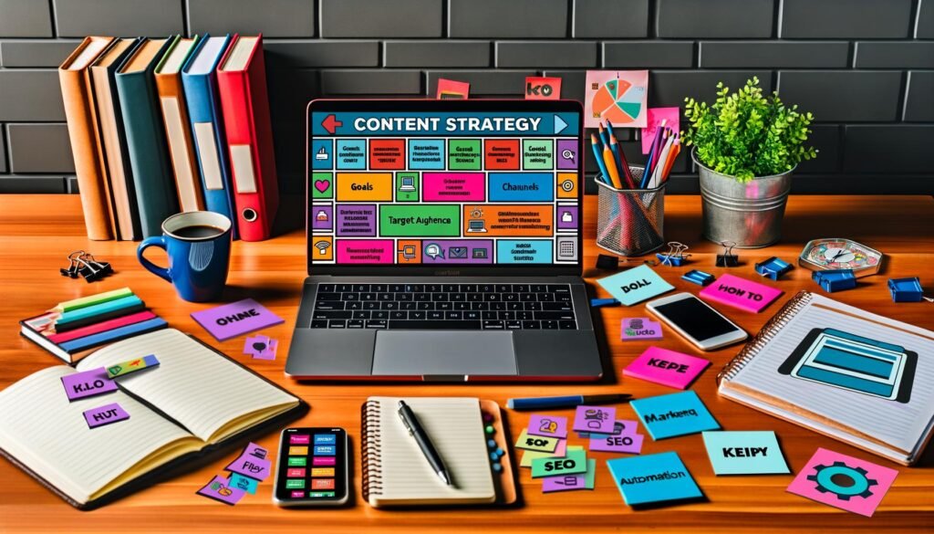 Aufgeräumter Schreibtisch mit Laptop, Content-Strategie-Vorlage, Notizbüchern, Smartphone, Social-Media-Icons, Sticky Notes, Kaffeebecher und Marketing-Büchern im Hintergrund.