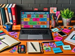 Aufgeräumter Schreibtisch mit Laptop, Content-Strategie-Vorlage, Notizbüchern, Smartphone, Social-Media-Icons, Sticky Notes, Kaffeebecher und Marketing-Büchern im Hintergrund.
