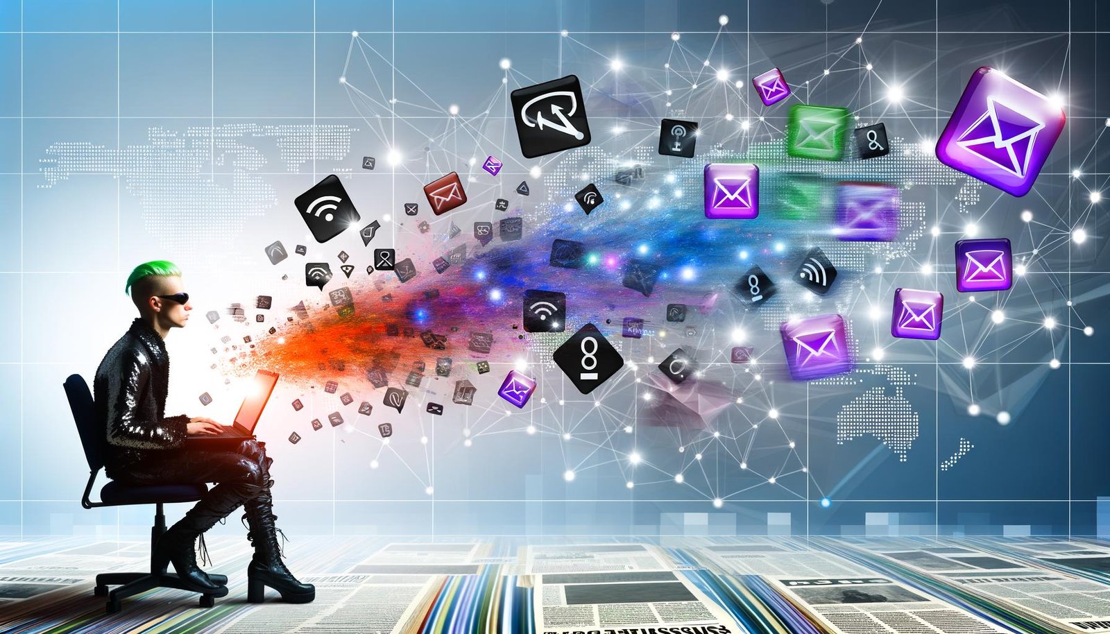 Futuristische digitale Arbeitsumgebung mit einer Person am Laptop, farbigen Netzwerk-Symbolen und im Hintergrund zerfallenden Zeitungen sowie Social-Media-Logos.
