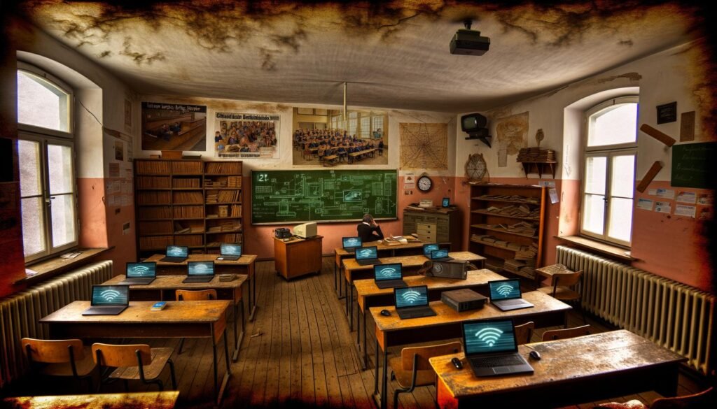 Deutsches Klassenzimmer mit alten Holzbänken, Kreidetafel, verstaubtem Overheadprojektor, wirrem Computerkabelsalat und einem modernen, unbeachteten E-Learning-Poster. Schüler scheitern an Tablets, während ein Lehrer mit Technik kämpft.