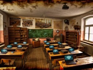 Deutsches Klassenzimmer mit alten Holzbänken, Kreidetafel, verstaubtem Overheadprojektor, wirrem Computerkabelsalat und einem modernen, unbeachteten E-Learning-Poster. Schüler scheitern an Tablets, während ein Lehrer mit Technik kämpft.