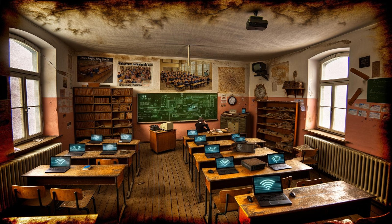 Deutsches Klassenzimmer mit alten Holzbänken, Kreidetafel, verstaubtem Overheadprojektor, wirrem Computerkabelsalat und einem modernen, unbeachteten E-Learning-Poster. Schüler scheitern an Tablets, während ein Lehrer mit Technik kämpft.