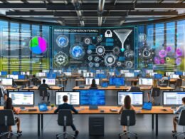 Futuristisches Büro mit Marketers und Entwicklern an Computern, Daten-Visualisierungen, KI-Tools und automatisierten Content-Strömen