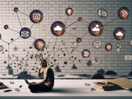 Stilisierte Workspace-Szene mit Laptop-Nutzer, digitalen Symbolen für Newsletter, Cloudspeicher, E-Mail und RSS sowie zerrissenen Social-Media-Ketten im Hintergrund.