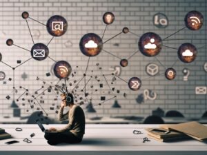 Stilisierte Workspace-Szene mit Laptop-Nutzer, digitalen Symbolen für Newsletter, Cloudspeicher, E-Mail und RSS sowie zerrissenen Social-Media-Ketten im Hintergrund.