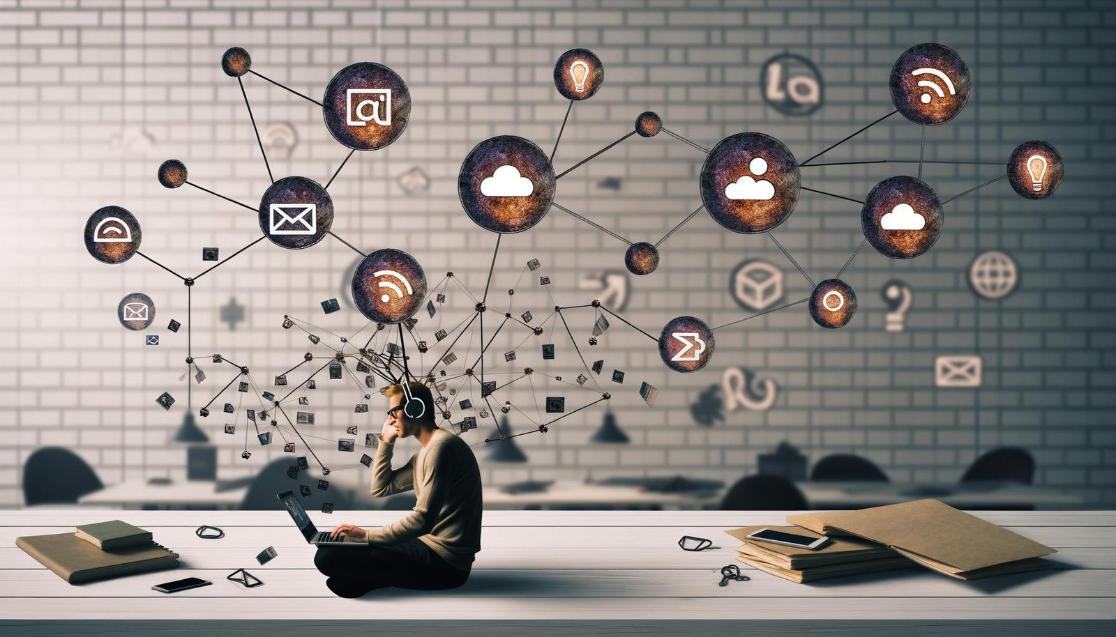 Stilisierte Workspace-Szene mit Laptop-Nutzer, digitalen Symbolen für Newsletter, Cloudspeicher, E-Mail und RSS sowie zerrissenen Social-Media-Ketten im Hintergrund.