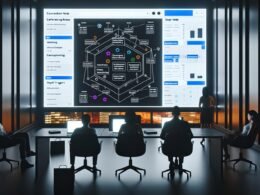 Marketer analysieren nachts in einem modernen Büro Conversion-Raten, Heatmaps und komplexe Daten am Whiteboard.