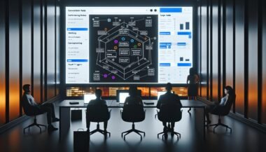 Marketer analysieren nachts in einem modernen Büro Conversion-Raten, Heatmaps und komplexe Daten am Whiteboard.