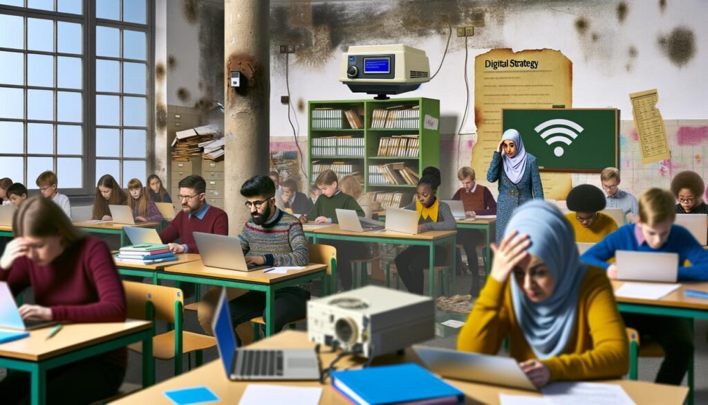 Chaotisches Klassenzimmer in Deutschland 2024 mit Schülern an Tablets, alten Laptops, Heften und genervter Lehrerin am Smartboard, während Technikprobleme herrschen.