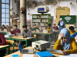 Chaotisches Klassenzimmer in Deutschland 2024 mit Schülern an Tablets, alten Laptops, Heften und genervter Lehrerin am Smartboard, während Technikprobleme herrschen.