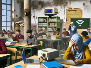 Chaotisches Klassenzimmer in Deutschland 2024 mit Schülern an Tablets, alten Laptops, Heften und genervter Lehrerin am Smartboard, während Technikprobleme herrschen.