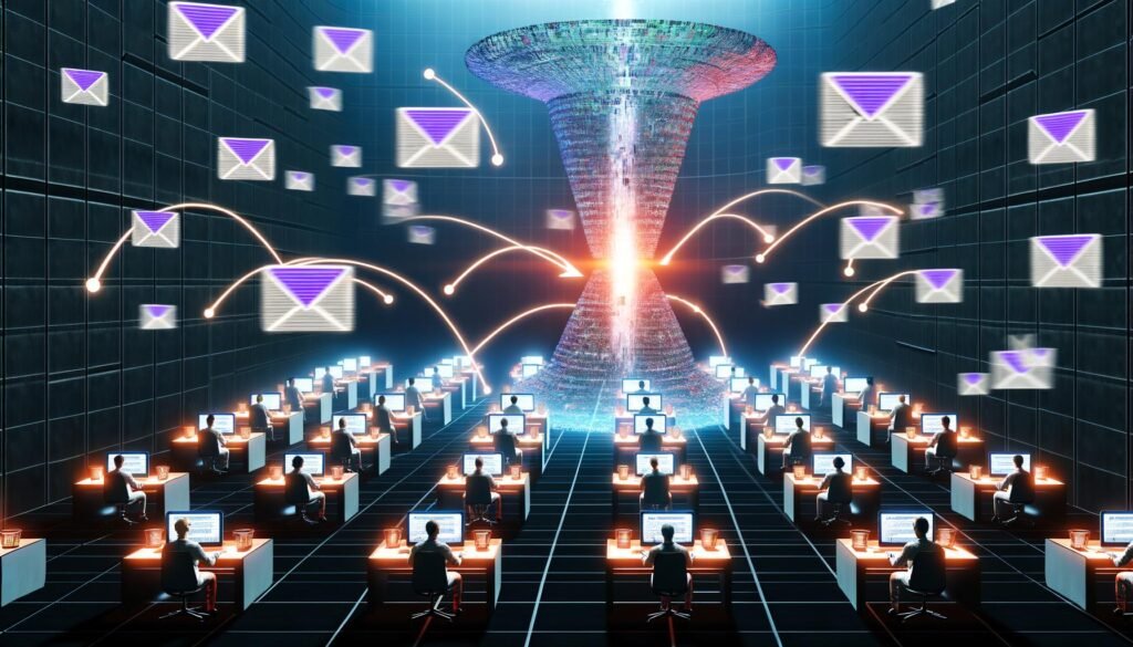 Futuristisch gestalteter digitaler Newsroom mit vielfältigen Machern an leuchtenden Computern, schwebenden Newslettern, Blockchain-Ketten, Open-Source-Logos und einem zentral beleuchteten Substack-Turm, umgeben von dezentralen, selbst gehosteten Newsletter-Inseln.