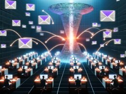 Futuristisch gestalteter digitaler Newsroom mit vielfältigen Machern an leuchtenden Computern, schwebenden Newslettern, Blockchain-Ketten, Open-Source-Logos und einem zentral beleuchteten Substack-Turm, umgeben von dezentralen, selbst gehosteten Newsletter-Inseln.