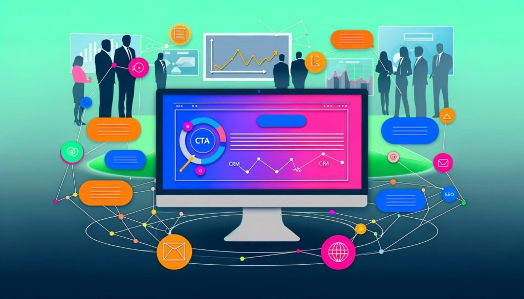 Minimalistische Illustration eines modernen digitalen Arbeitsplatzes mit schlankem Monitor, geöffnetem Conversion Content Editor, interaktiven Buttons, Heatmap, Analytics-Charts und Verbindungslinien zu Marketing-Tools. Im Hintergrund sind Marketer bei der Zusammenarbeit zu sehen.