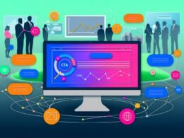 Minimalistische Illustration eines modernen digitalen Arbeitsplatzes mit schlankem Monitor, geöffnetem Conversion Content Editor, interaktiven Buttons, Heatmap, Analytics-Charts und Verbindungslinien zu Marketing-Tools. Im Hintergrund sind Marketer bei der Zusammenarbeit zu sehen.