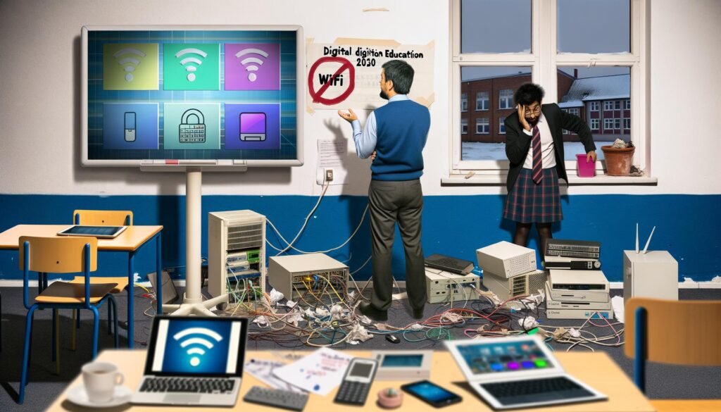 Deutscher Klassenraum mit Smartboard, gestresstem Lehrer am Tablet, alten Routern, zahlreichen Schülergeräten und Passwörtern, durchgestrichene WLAN-Symbole und ein 'Digitale Bildung 2030'-Plakat im Fenster.