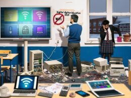 Deutscher Klassenraum mit Smartboard, gestresstem Lehrer am Tablet, alten Routern, zahlreichen Schülergeräten und Passwörtern, durchgestrichene WLAN-Symbole und ein 'Digitale Bildung 2030'-Plakat im Fenster.