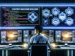 Junger Content-Maschinenbauer an mehreren Bildschirmen mit Codes, GPT-Chatfenstern, Substack-Editor und Analytics-Dashboards in einem modernen, futuristischen Büro.