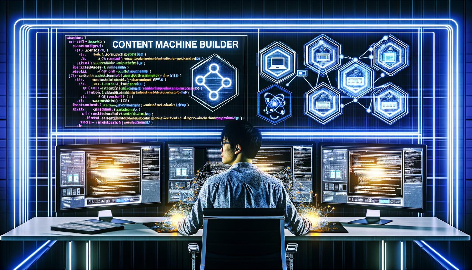 Junger Content-Maschinenbauer an mehreren Bildschirmen mit Codes, GPT-Chatfenstern, Substack-Editor und Analytics-Dashboards in einem modernen, futuristischen Büro.