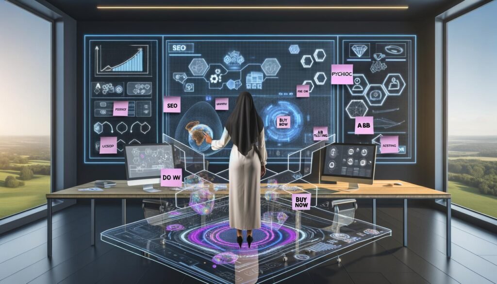 Marketer in energiereichem, futuristischen Workspace mit digitalen Dashboards, Customer Journey Maps, technischen Frameworks und virtuellen CTA-Buttons, umgeben von Sticky Notes mit Marketing-Strategien.