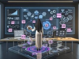 Marketer in energiereichem, futuristischen Workspace mit digitalen Dashboards, Customer Journey Maps, technischen Frameworks und virtuellen CTA-Buttons, umgeben von Sticky Notes mit Marketing-Strategien.