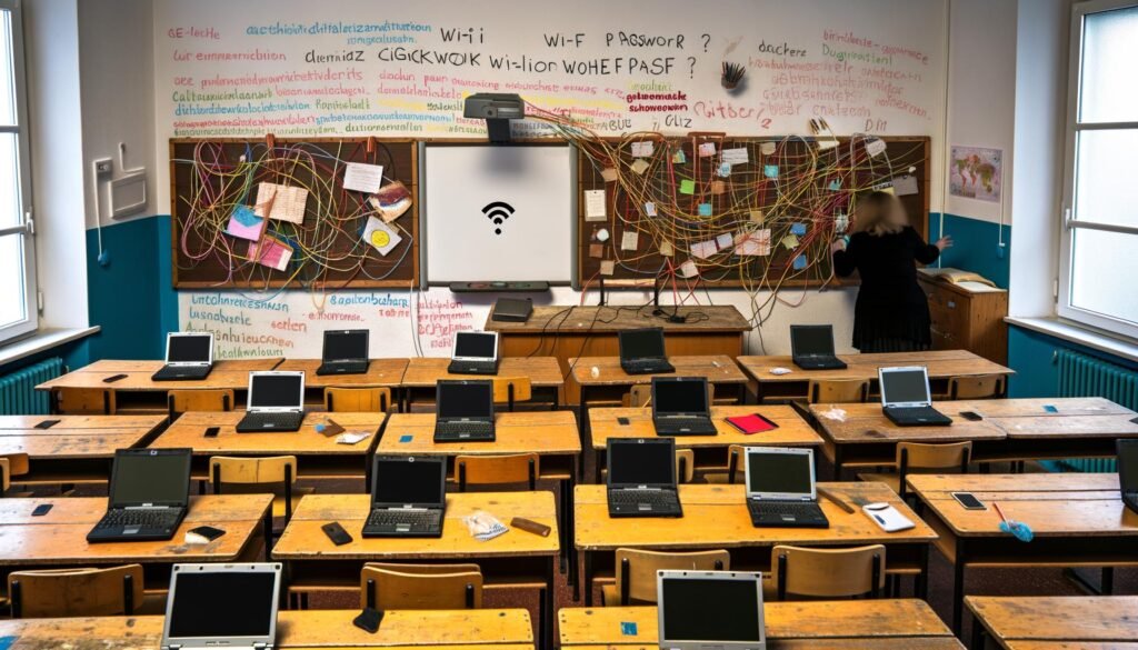 Überfüllte Schulklasse in Deutschland im Jahr 2024 mit alten Holztischen, wenigen Laptops, defektem Whiteboard und handgeschriebenen WLAN-Passwörtern an der Wand – Sinnbild für das digitale Flickwerk im deutschen Bildungssystem.